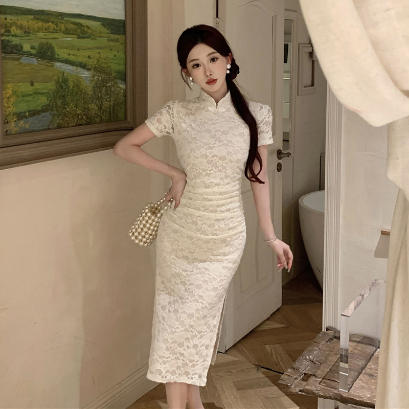Lightweight cheongsam, long skirt, lace brace, dress, light style, hip-accented