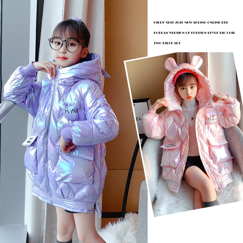 Girls' cotton-padded jacket 2022 winter new Western style children's medium and long version of bright down padded jacket big children's winter jacket