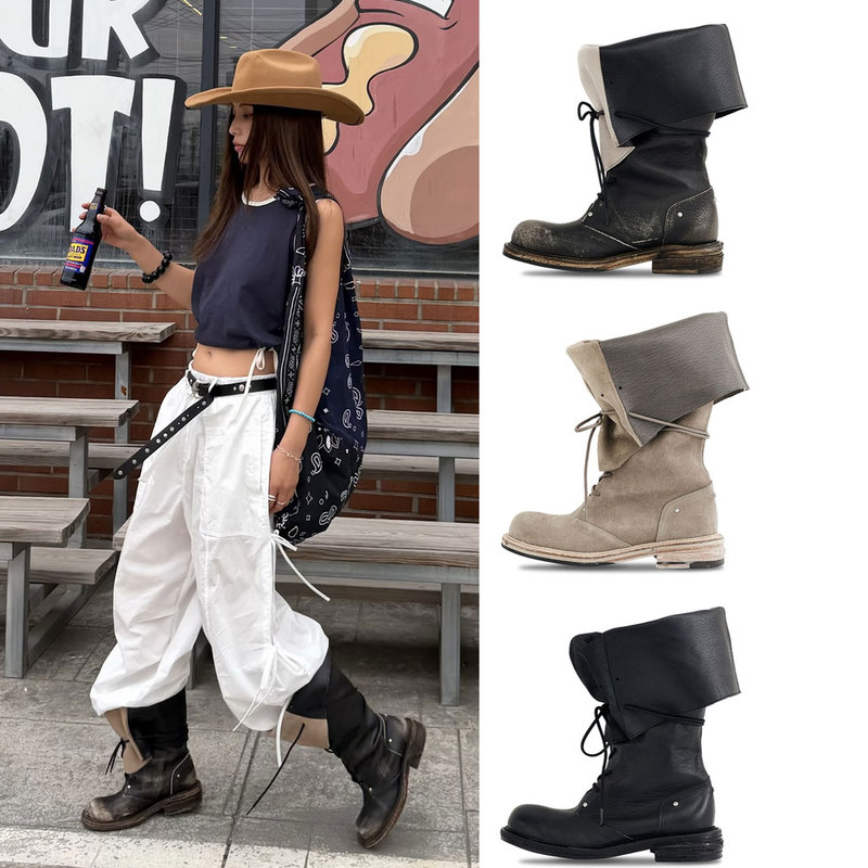 Genuine Leather Color-Washed Boots with Foldable Cuffs, Retro Lace-Up Martin Boots for Women, 2026 Spring and Autumn New Style, Patchwork Wide-Leg Long Boots Genuine Leather Color-Washed Boots with Foldable Cuffs, Retro Lace-Up Martin Boots for Women, 2026 Spring and Autumn New Style, Patchwork Wide-Leg Long Boots