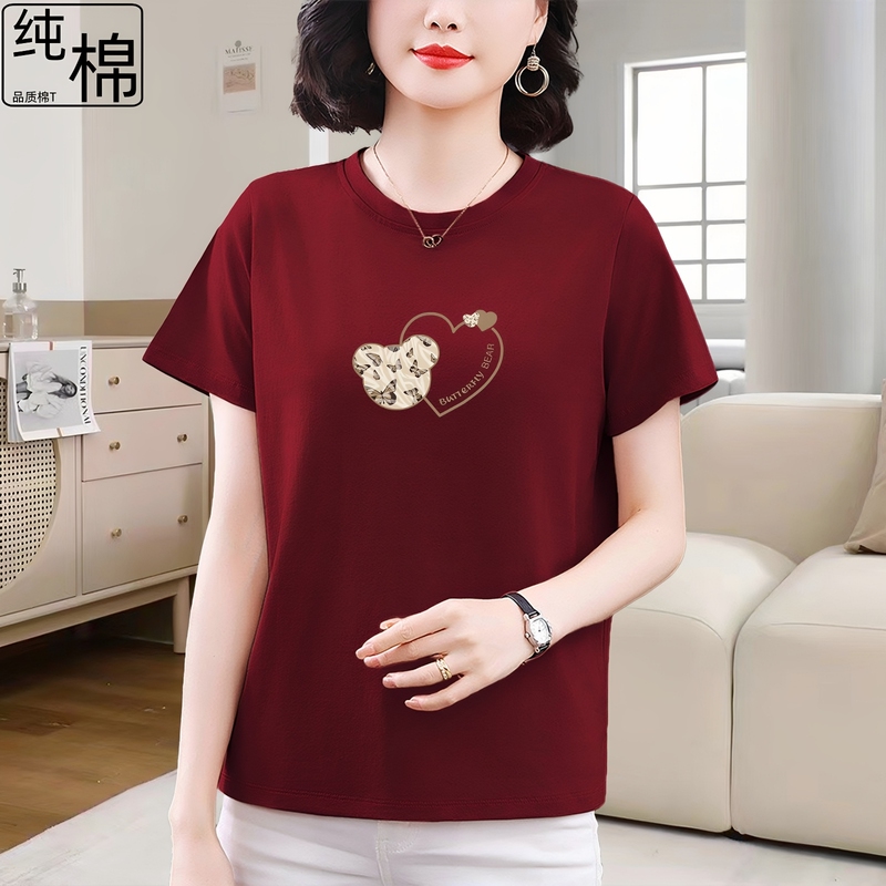 Pure Cotton Short-Sleeve T-Shirt for Women, Summer Loose Fit, Versatile Plus Size, Stylish and Slimming for Middle-Aged Ladies, Regular Shoulder Top T-Shirt