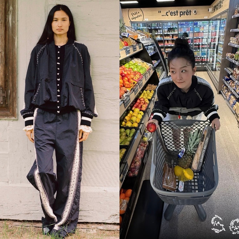 Four Factories Join Forces to Create a Heavy-Duty Romantic Style: a Pearl-Embellished, Hand-Crocheted, Patchwork Nylon Jacket and Wide-Leg Pants Set