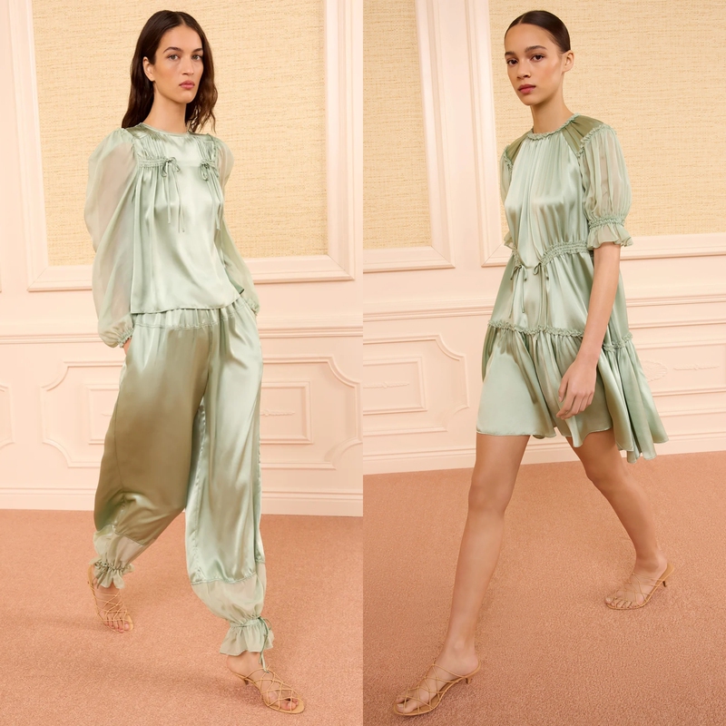 Elegant Bean Green Satin with a Shimmering Finish, Designer Uj's Silk Crepe Satin Ruched Short-Sleeve Dress Elegant Bean Green Satin with a Shimmering Finish, Designer Uj's Silk Crepe Satin Ruched Short-Sleeve Dress