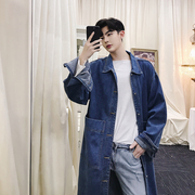 trạm châu Âu retro in lười biếng denim áo gió man trên đầu gối dài áo gió rửa lỏng người đàn ông áo đơn giản