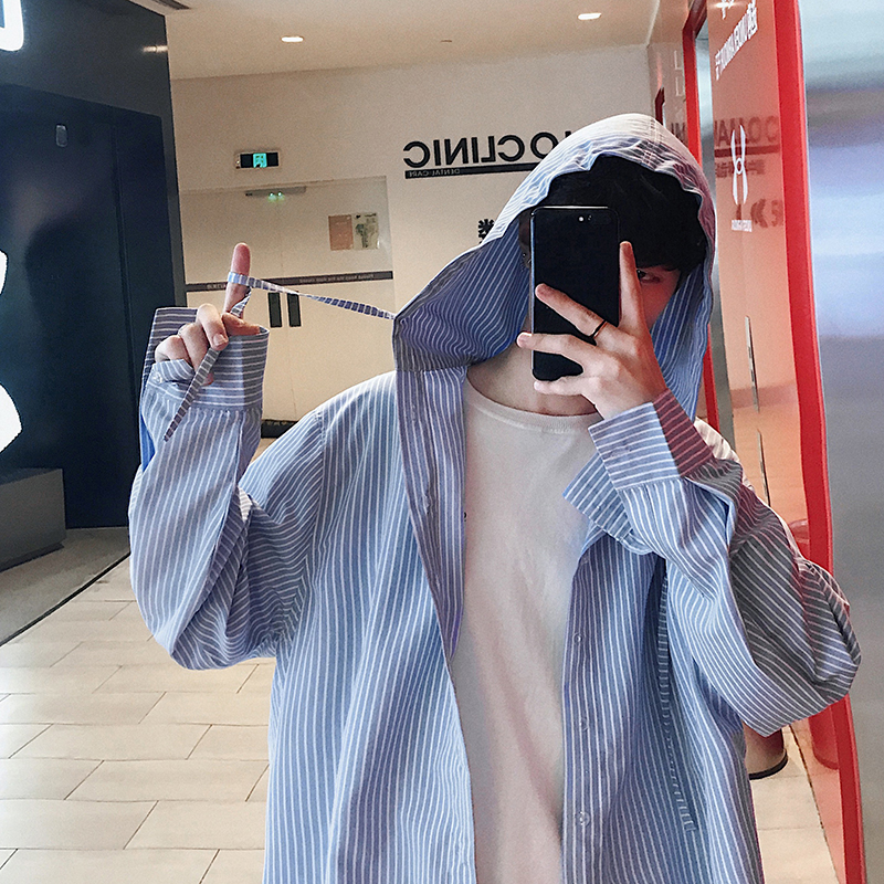 Spring Hong Kong style chic men's Korean trend hooded loose stripe long-sleeve shirt students thin coat shirt