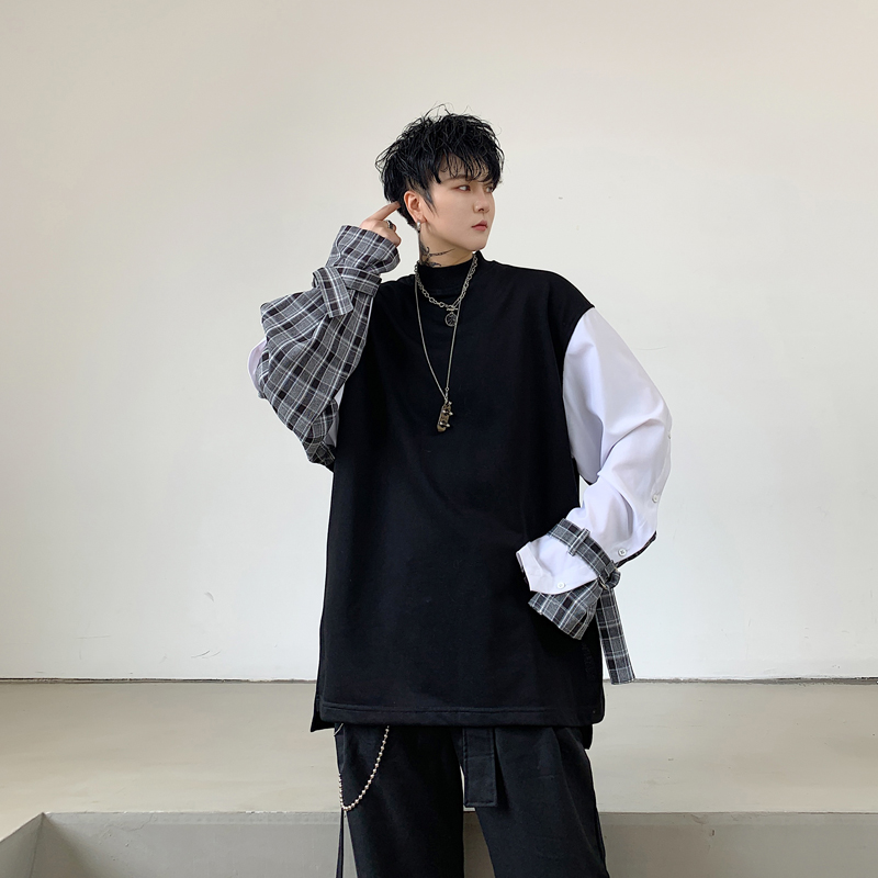 Guard Clothing Men's Wave Dark Black Fake Two Loose Sets Head Casual Blouse Male Hair Type Division Splicing Bump Color Round Collar Personality Blouse Man