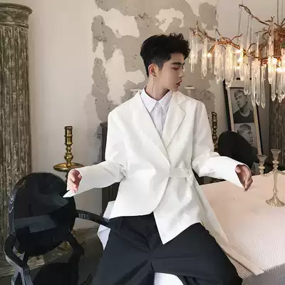 Korean personality Harajuku hair stylist suit men black and white simple design chiffon lace asymmetric white suit
