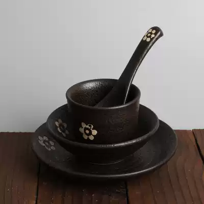 Creative ceramic black hot pot restaurant four-piece soup bowl bone plate tea cup set hotel Table tableware