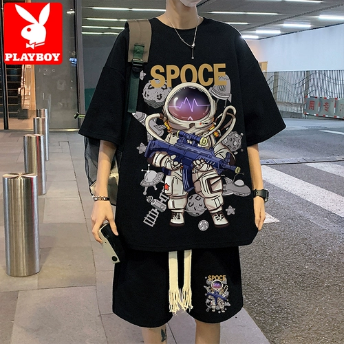 Playboy, шелковая футболка с коротким рукавом, комплект, летняя одежда, оверсайз, подходит для подростков