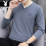 Playboy, осенний демисезонный трендовый хлопковый приятный телу лонгслив, в корейском стиле, V-образный вырез