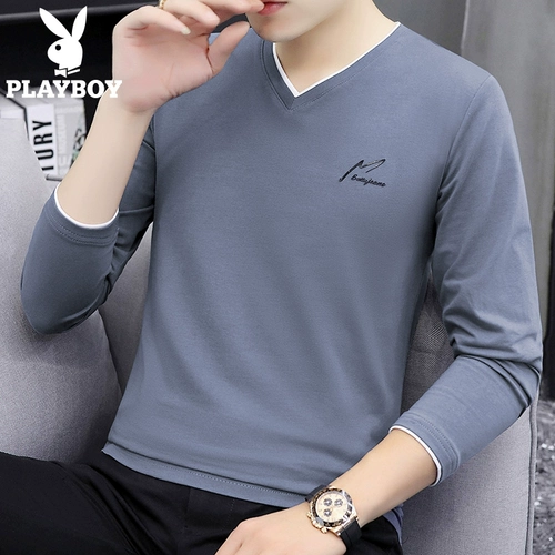 Playboy, осенний демисезонный трендовый хлопковый приятный телу лонгслив, в корейском стиле, V-образный вырез