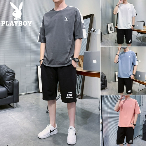 Playboy, тонкая универсальная шелковая футболка с коротким рукавом, модный трендовый хлопковый комплект, оверсайз