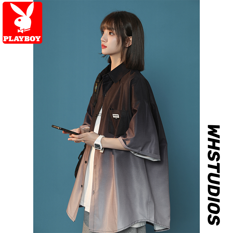 Playboy Ice Silk Short-Sleeved Shirt for Men, Summer Thin Style, High-End Feel, Couple Casual Long-Sleeved Shirt Jacket for Spring and Autumn