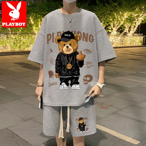 Playboy, мужской летний шелковый комплект, шорты, подходит для подростков, короткий рукав