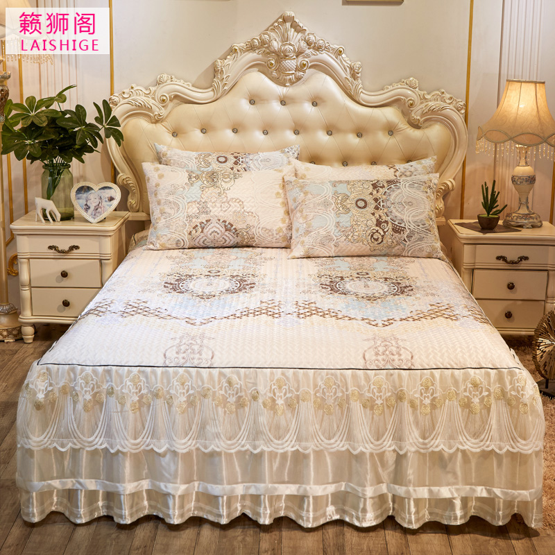 European-style lace bed skirt ice silk mat three-piece set 18m thickened foldable machine washable mat air conditioner soft mat 2m