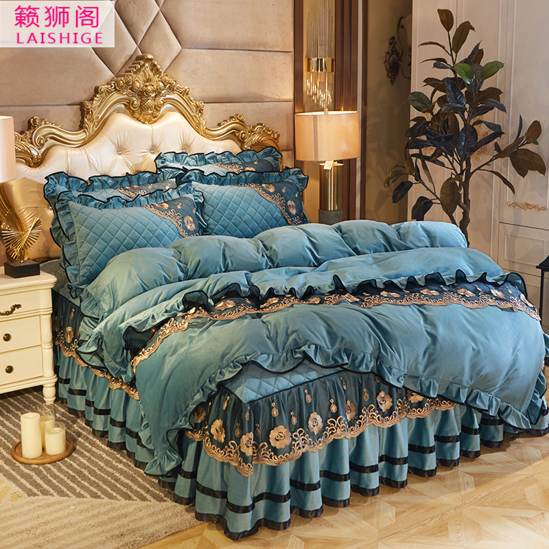 Crystal velvet quilted lace bed skirt four-piece set Korean princess style flannel thick sheet bed cover quilt cover bed cover