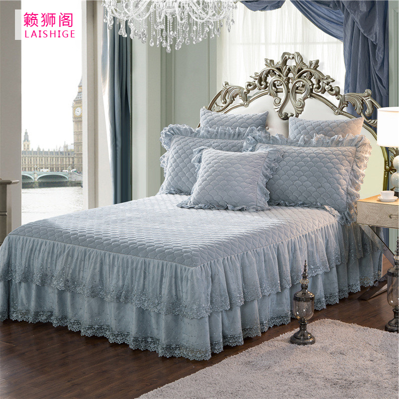 Korean version of the crystal velvet lace quilted bed skirt single piece autumn and winter thickened short plush warm bedspread 1 5 1 8 2 meters