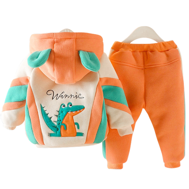 Boys and girls baby thickening suit winter children's hooded sweater cartoon children's two-piece baby fleece clothes tide