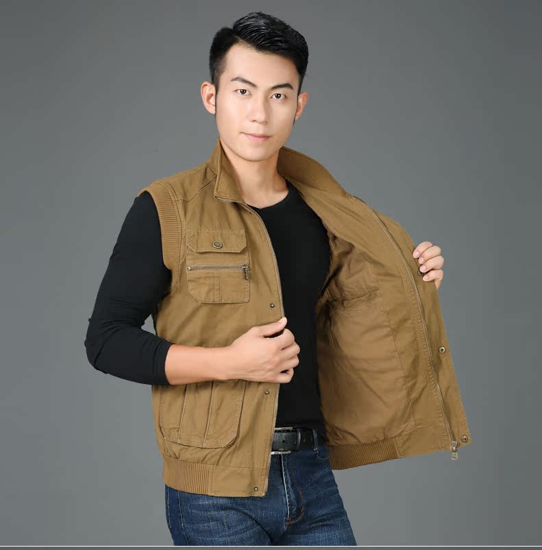 Bố tải nhiều túi cotton nam vest bình thường mùa xuân và mùa thu vest mỏng vest trung niên áo khoác ghi lê nam