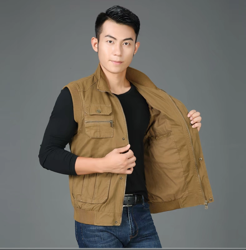 Bố tải nhiều túi cotton nam vest bình thường mùa xuân và mùa thu vest mỏng vest trung niên áo khoác thu đông