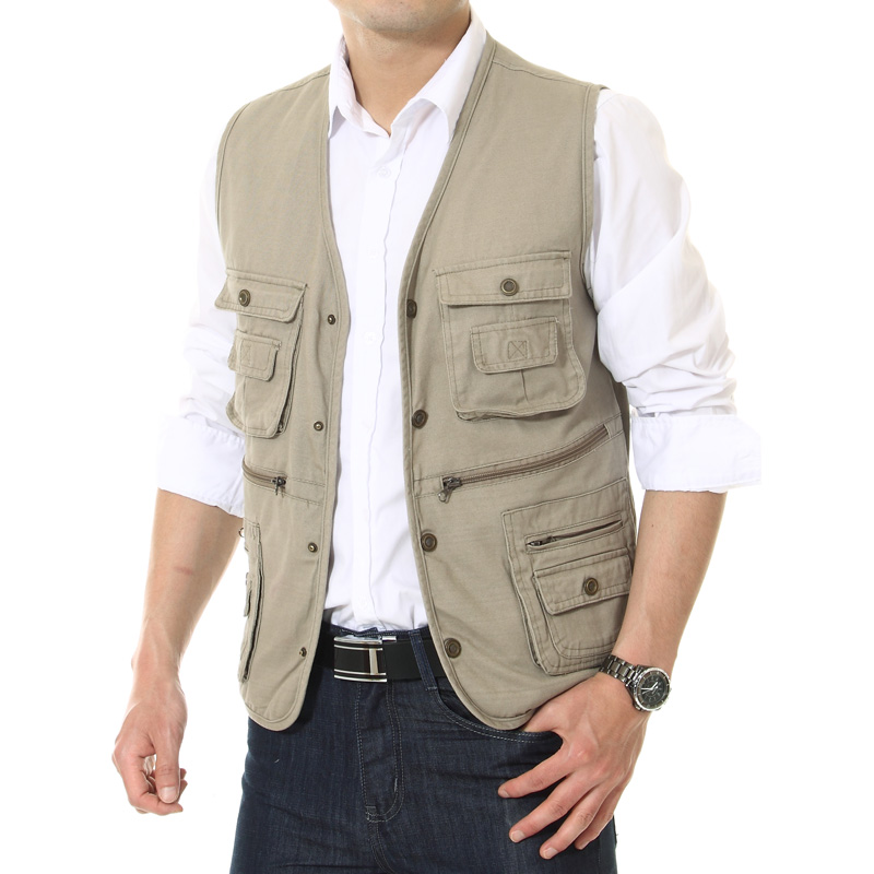 Áo vest câu cá ngoài trời mùa hè trung niên và tuổi già cotton nhiều túi mùa xuân và mùa thu vest nam trung niên - Dệt kim Vest áo vest nam hàn quốc