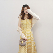 2021 summer womens new forest department small fragrance sweet first love super fairy dress plaid suspender over-the-knee dress