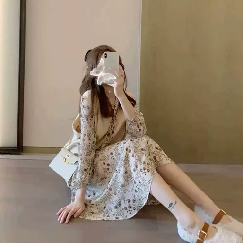 Милый модный жилет, дизайнерский комплект, осеннее платье, 2021 года, в западном стиле, французский стиль, в цветочек