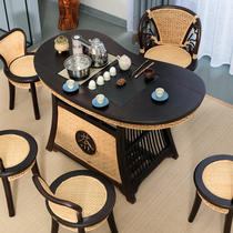  Rattan balcony tea table and chair combination Solid wood household small tea table Simple modern light luxury induction cooker Kung Fu tea table
