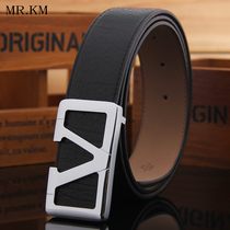 MR KM belt men V-word copper buckle head layer leather fit frosted bottom smooth buckle belt tide fashion