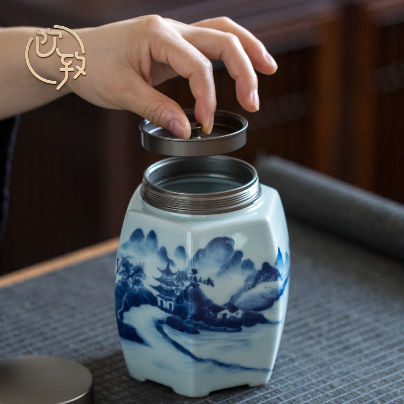 Ultimately responds to hand draw large ceramic tea canister to aluminum alloy cover seal pot kung fu tea storage POTS of household