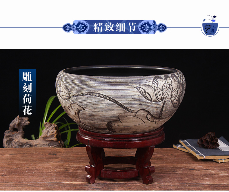 Jingdezhen ceramic aquarium turtle cylinder goldfish bowl of the big tank water lily bowl lotus lotus cylinder cylinder furnishing articles in the living room