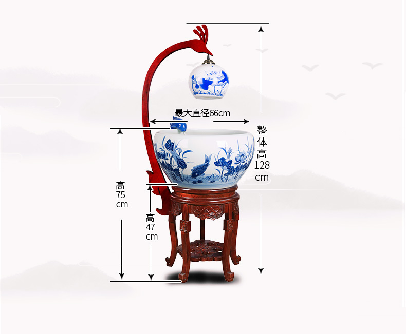 Blue and white porcelain aquarium fish bowl loop filtering large breeding goldfish pond lily sitting room scene in plutus cylinder furnishing articles