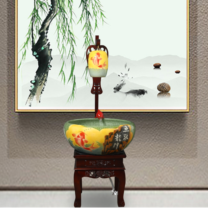 Jingdezhen ceramic Chinese tank furnishing articles filter tank circulation water lotus goldfish turtle cylinder porcelain jar