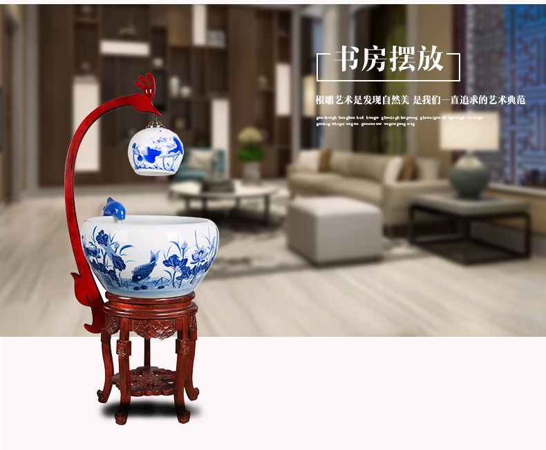 Blue and white porcelain aquarium fish bowl loop filtering large breeding goldfish pond lily sitting room scene in plutus cylinder furnishing articles