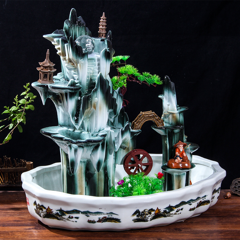 Chinese feng shui round ceramic aquarium water fountain furnishing articles sitting room home desktop household transfer creative humidifier