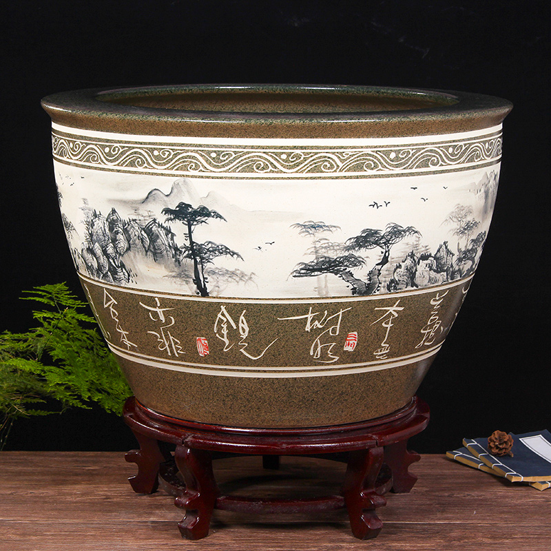 Jingdezhen ceramic aquarium turtle cylinder basin of water lily lotus goldfish bowl sitting room king fish bowl lotus cylinder