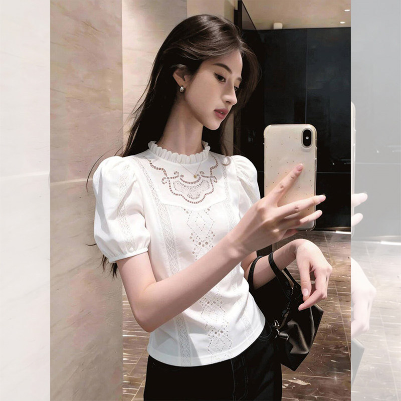 White Stand-Up Collar Lace Design Top 2026 Spring Women's New Style Hollow Crochet Elegant Versatile Shirt