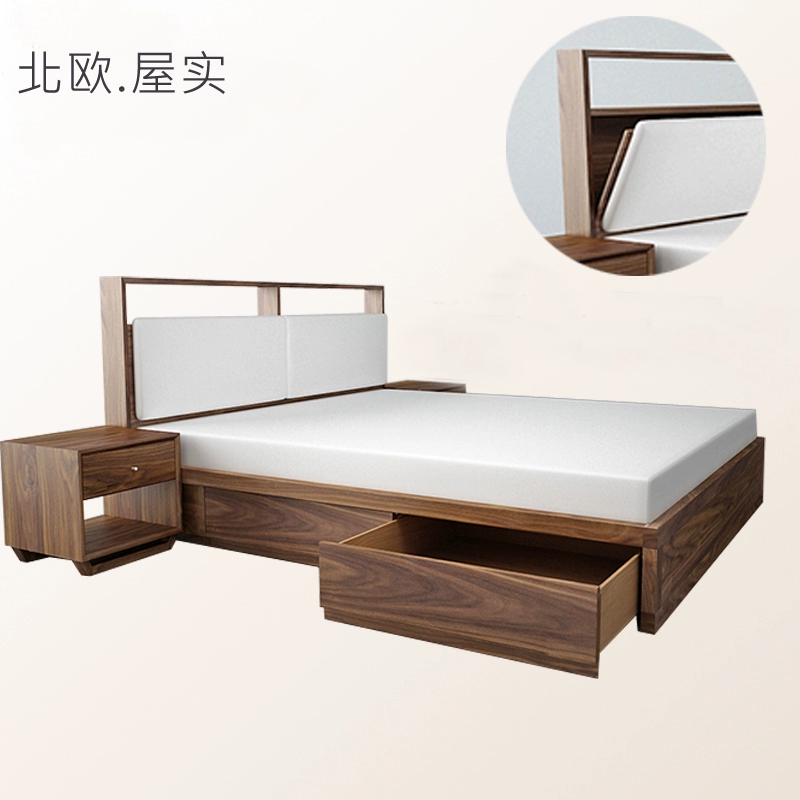 Bắc Âu tối giản gỗ rắn màu đen giường óc chó giường gỗ sồi giường hộp cao ngăn kéo lưu trữ giường gỗ sáp dầu giường đôi đồ nội thất - Giường