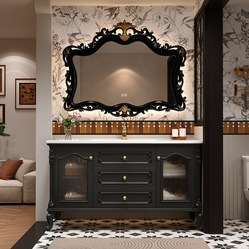 French-Style Vintage Floor-Standing Bathroom Cabinet Set, American-Style Solid Wood and Ceramic Integrated Basin Bathroom Cabinet, Washbasin for Hand Washing and Face Washing French-Style Vintage Floor-Standing Bathroom Cabinet Set, American-Style Solid Wood and Ceramic Integrated Basin Bathroom Cabinet, Washbasin for Hand Washing and Face Washing