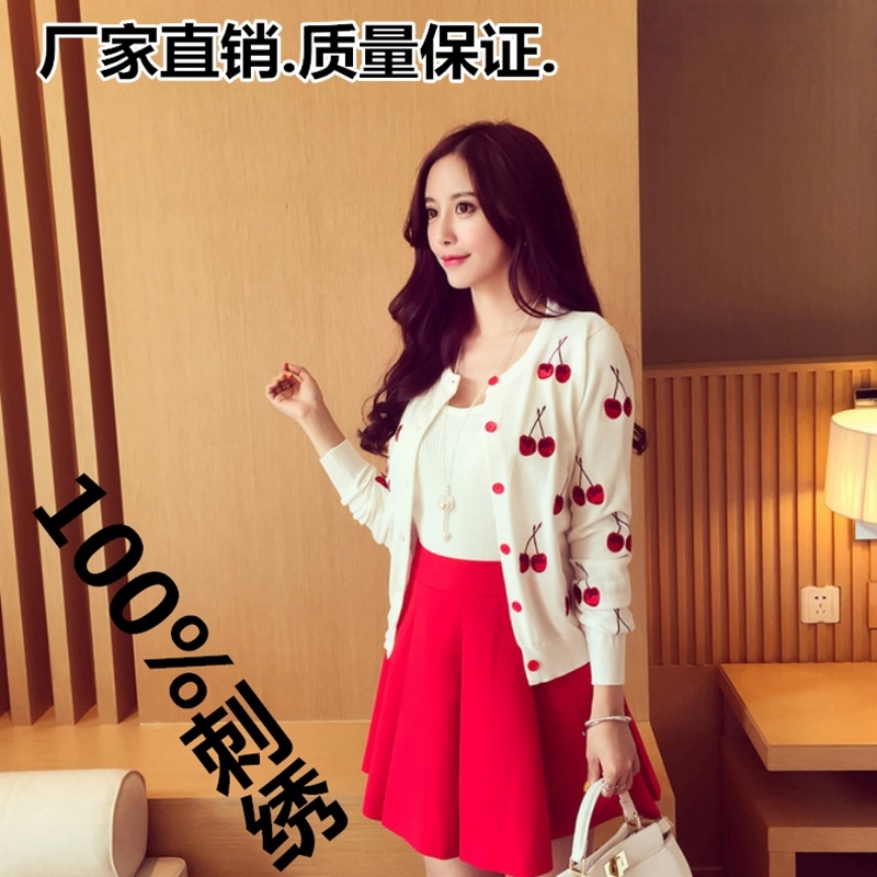 Korean Style New Spring and Autumn Round-Neck Jacket with Cherry Embroidery, Short Shawl, Slim-Fit Versatile Thin Knit Cardigan