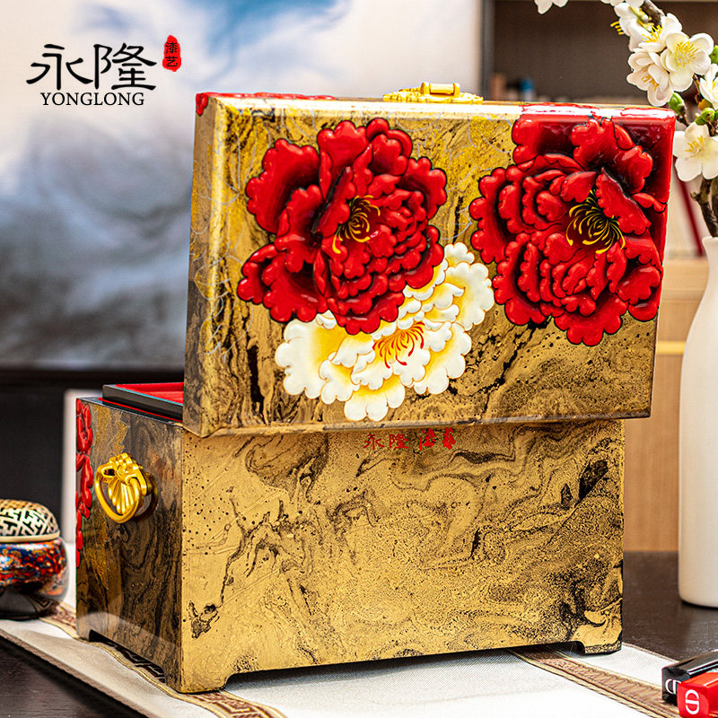 Pingyao lacquerware jewelry box Vintage jewelry three gold high-grade large-capacity storage box high-grade solid wood wedding gift