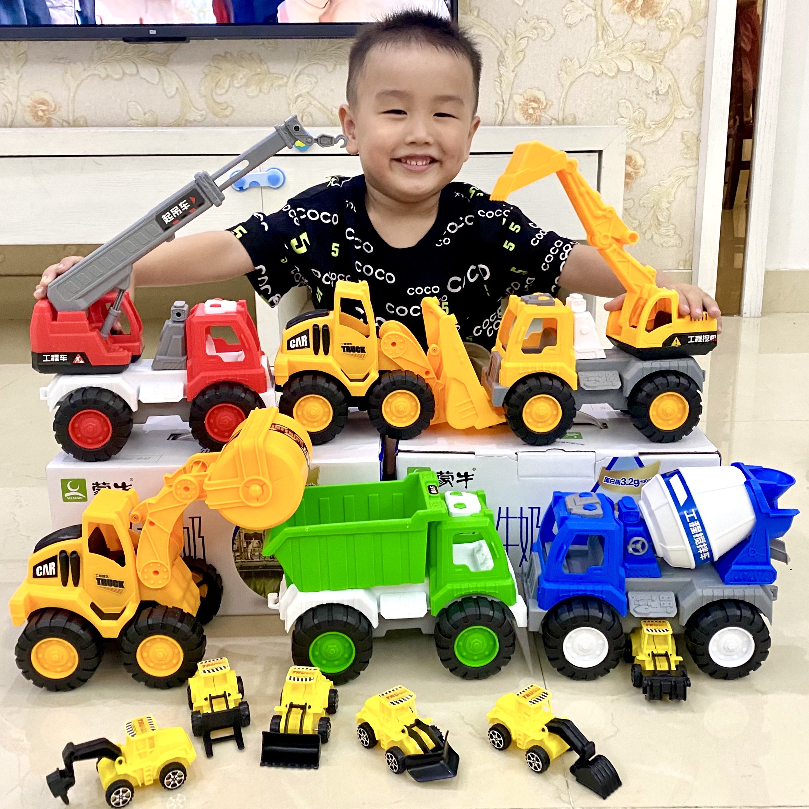 Large Number Engineering Car Toys Children Digger Bulldozer Push Earth Stirring Car Tipping Bucket Car Crane Fire Truck Boys Small Cars
