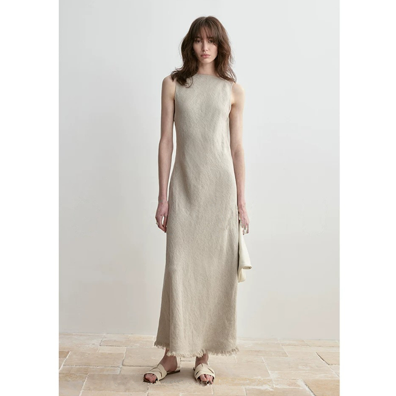 100% Linen Handmade Fringed Hem Skirt + Deep U-Neck Back Long Dress Women's Summer Sleeveless Dress Vacation Long Dress