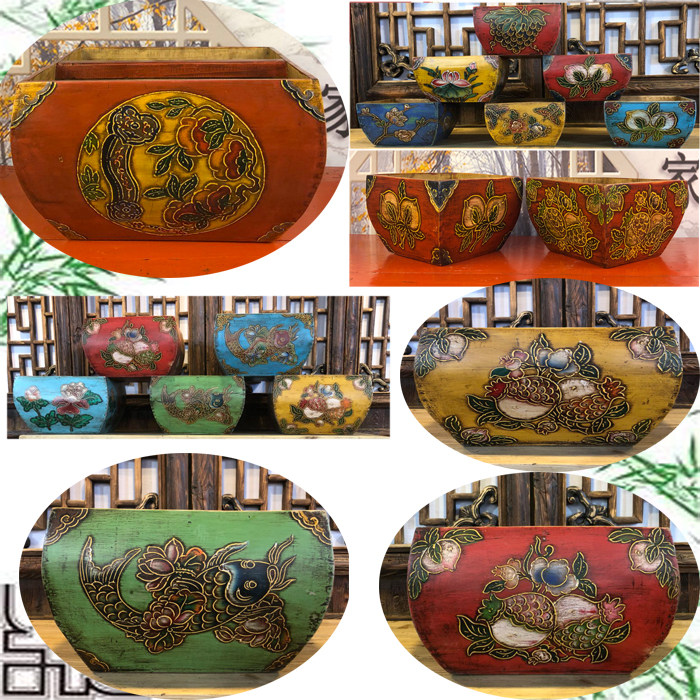 Antique solid wood painted rice bucket liter storage box key box wedding decoration craft decoration cornucopia Fengshui box