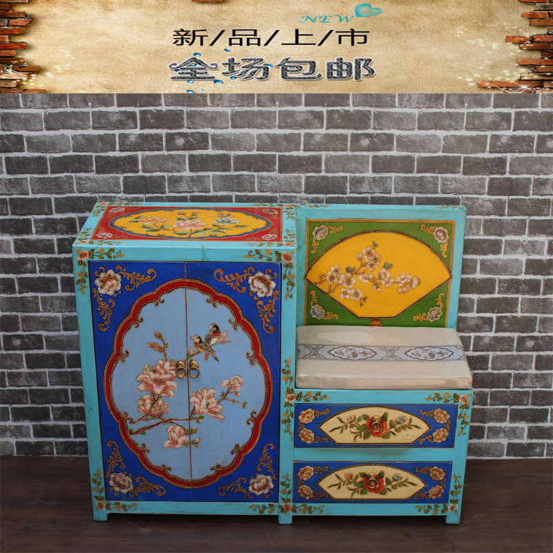 Net red modern Chinese style new pine solid wood painted shoe cabinet for wearing shoes stool multi-layer storage porch opposite door