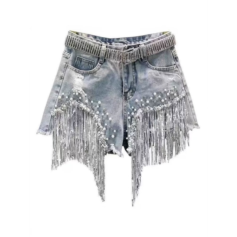 Vintage Hot Girl Denim Shorts for Women, Summer Plus Size, High-Waisted, Slimming, Heavy Beading, Sequins, Tassels, Distressed Hot Pants Vintage Hot Girl Denim Shorts for Women, Summer Plus Size, High-Waisted, Slimming, Heavy Beading, Sequins, Tassels, Distressed Hot Pants