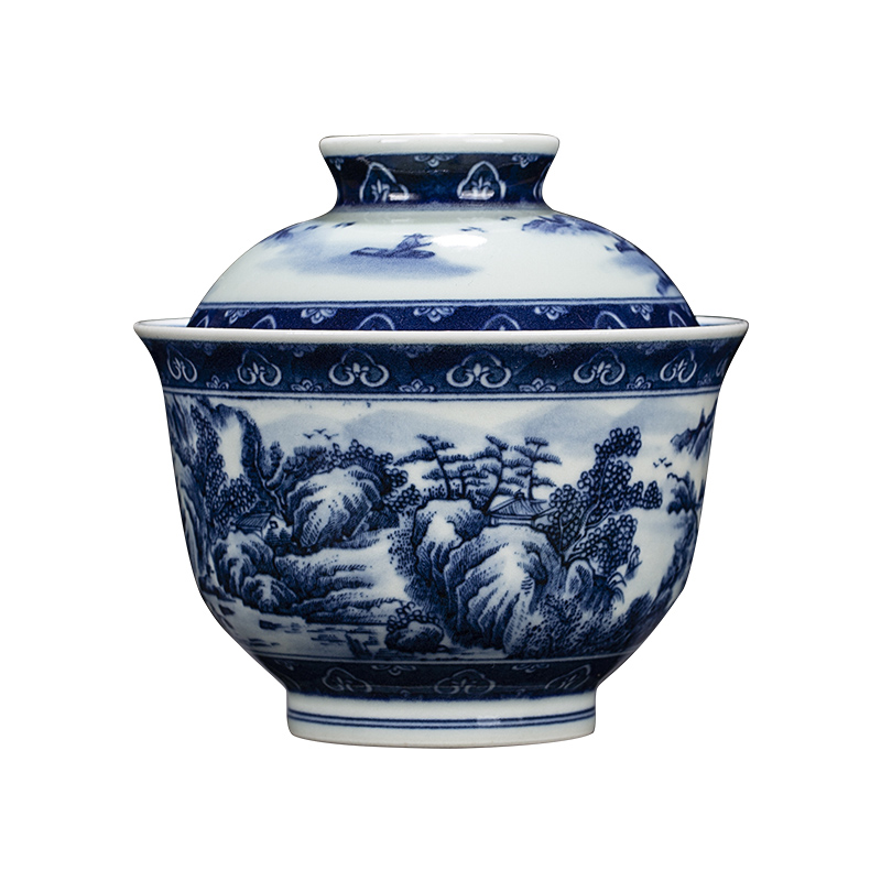 Clock home up jingdezhen blue and white landscape manual hand - made maintain tureen tea bowl three bowl of large - sized kung fu tea set