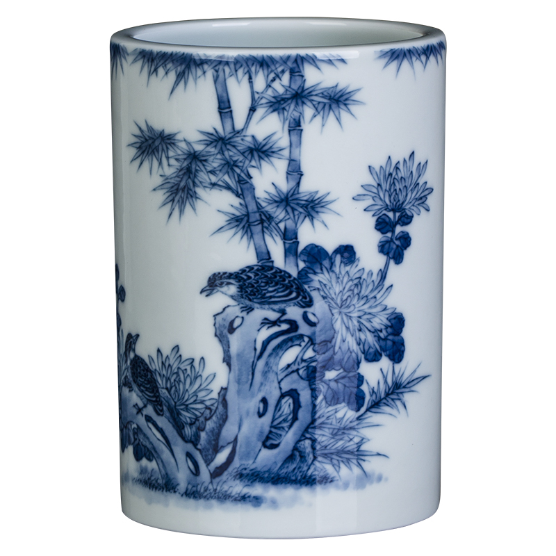 Blue and white bamboo brush pot clock home up furnishing articles of jingdezhen ceramic hand - made report peaceful Chinese wind four supplies decoration