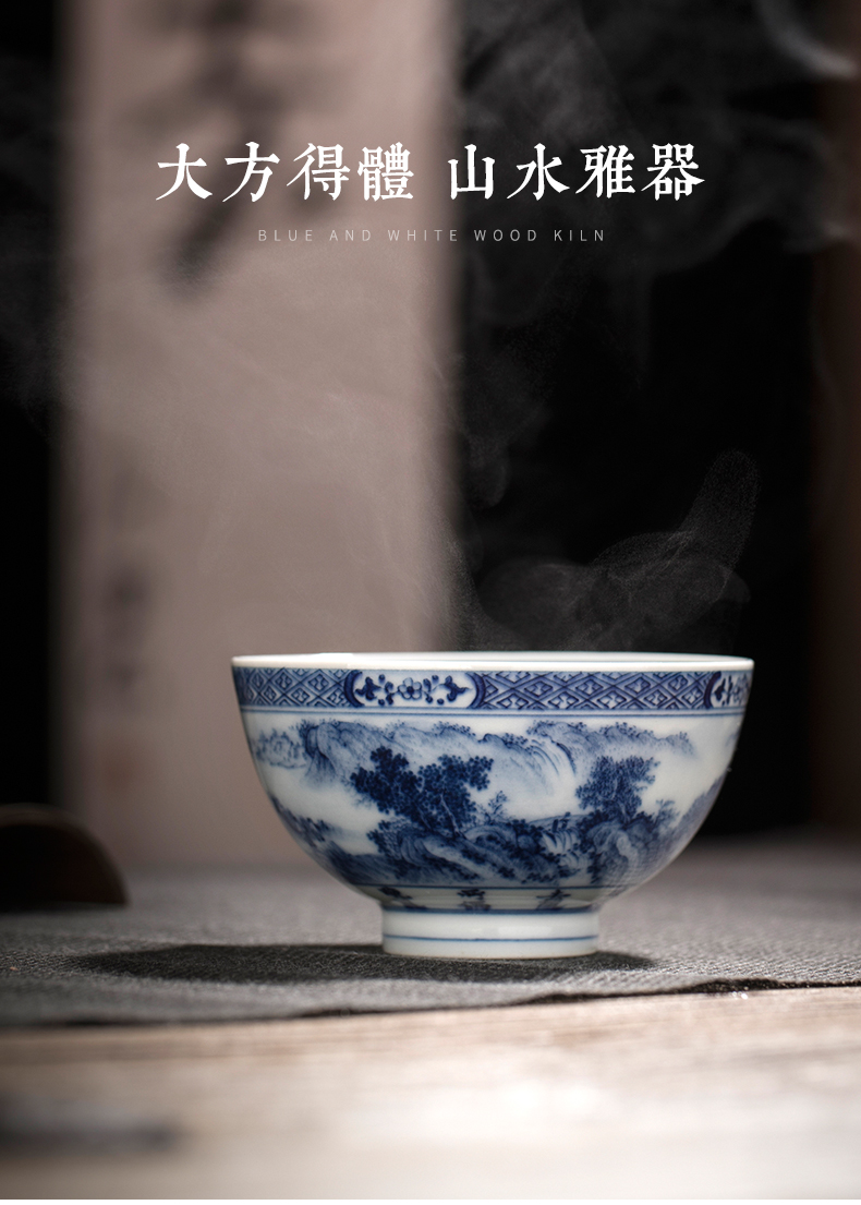 Clock home up jingdezhen blue and white landscape master cup kunfu tea cups hand - made maintain single CPU personal tea bowl