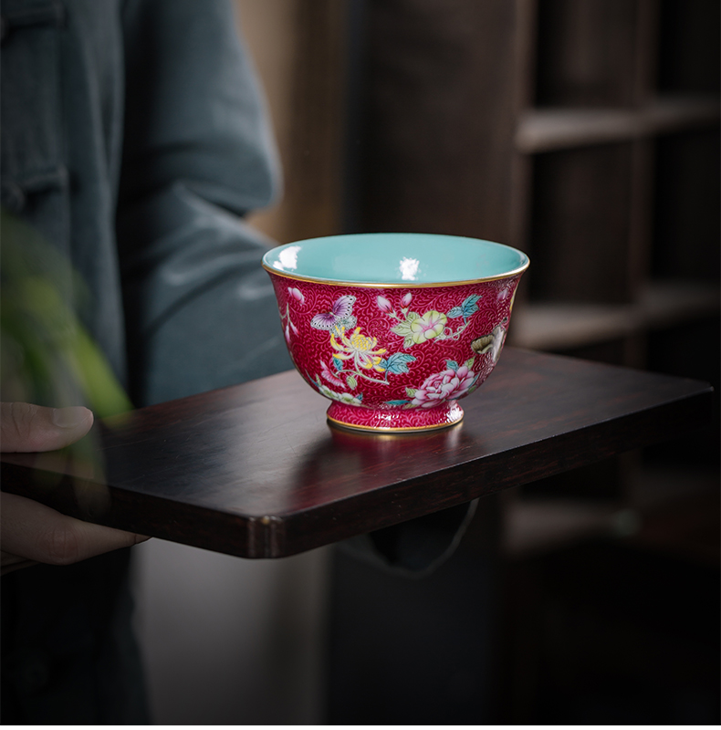 Clock home high - end masters cup jingdezhen up manually pastel carmine to pick flowers pressure hand cup kung fu tea cups