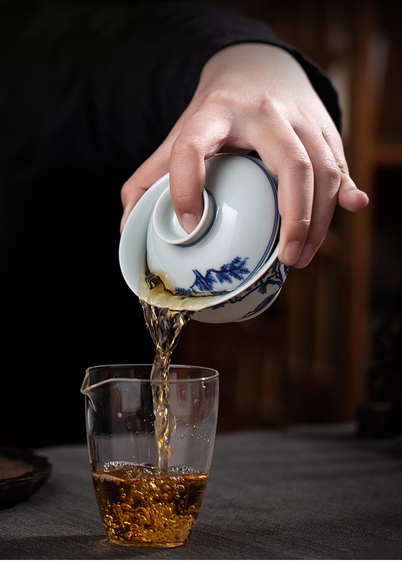 Clock home up jingdezhen blue and white lad all hand hand tea maintain large tureen household kunfu tea cups